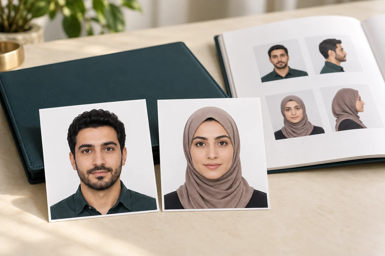 صورة توضيحية لدليل الصور: صور أمامية لرجل وامرأة محجبة إلى جانب دليل مطبوع على مكتب